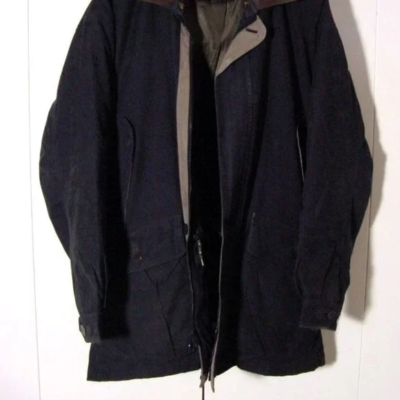 Vtg 90's Rainforest Dark Blue Zip Coat w Leather Collar Sz L